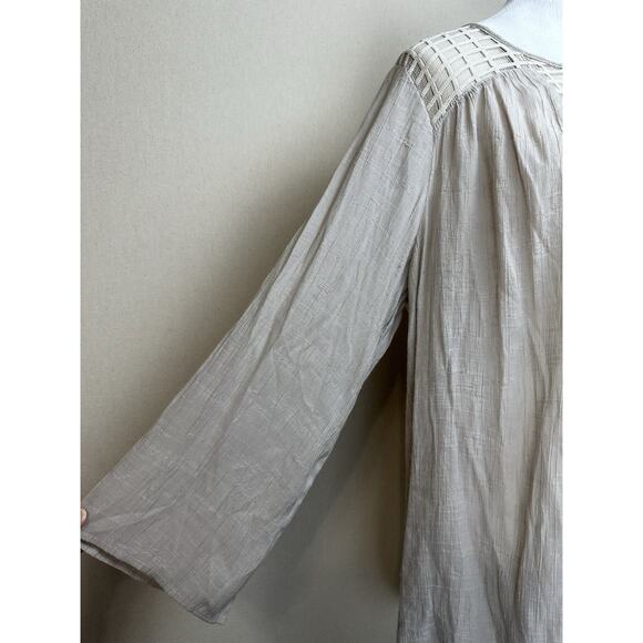 Alex Women’s 1X Tunic Top Sheer Lace Yoke Tan/taupe Boho Beach Lagenlook - Picture 4 of 16